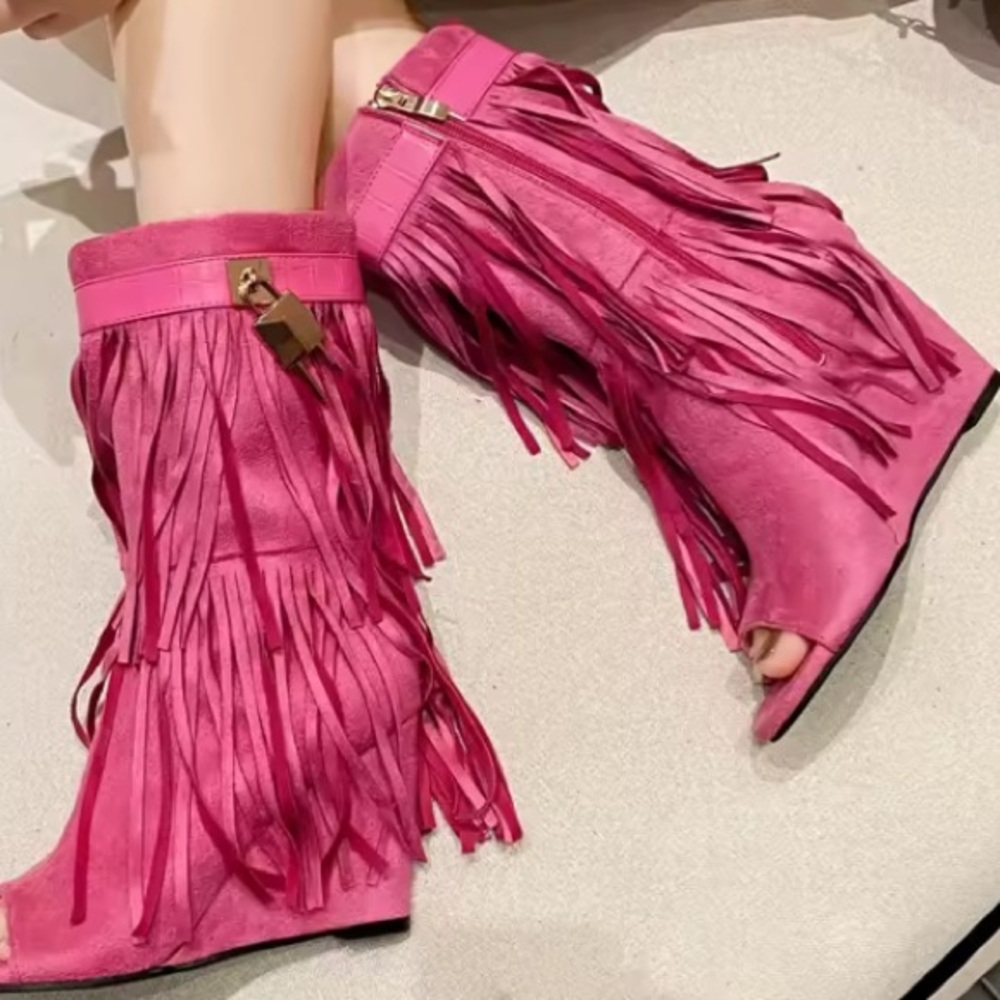 Pink Wedge Shoes with Fringe Detail - Picture 2 of 5